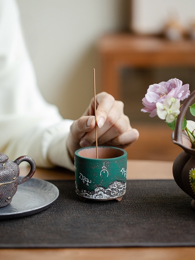 Green Ceramic Incense Burner with Oracle Deco