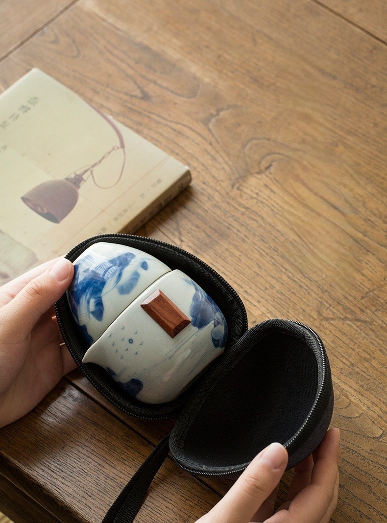 Blue and White Porcelain Travel Tea Set, 1 Teapot+2 Cups