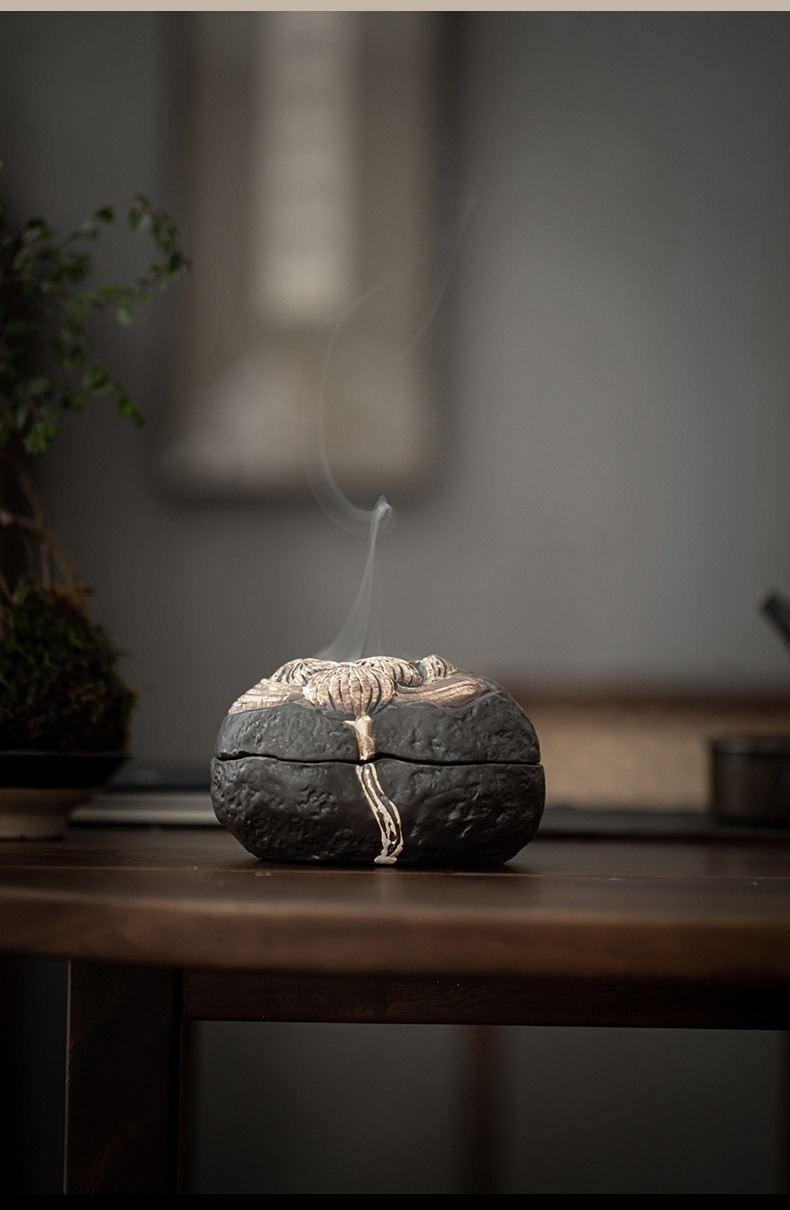 Japanese Style Stoneware Incense Burner, Vintage Look Wabi-Sabi Lotus Style