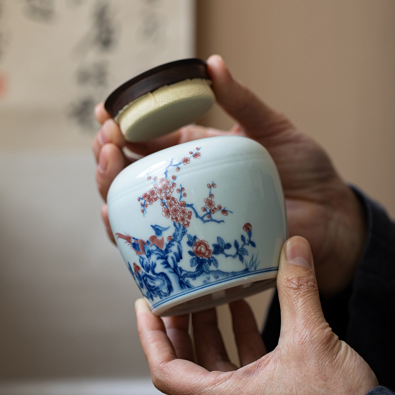Ceramic Tea Canister 350ml, Blue-and-White Glazed Porcelain Tea Caddy