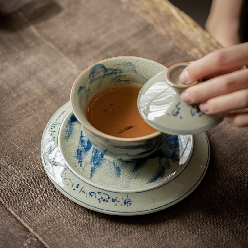 Porcelain Gaiwan Tea Set with Landscape and Calligraphy Pattern, Blue and White Porcelain Jingdezhen Pottery