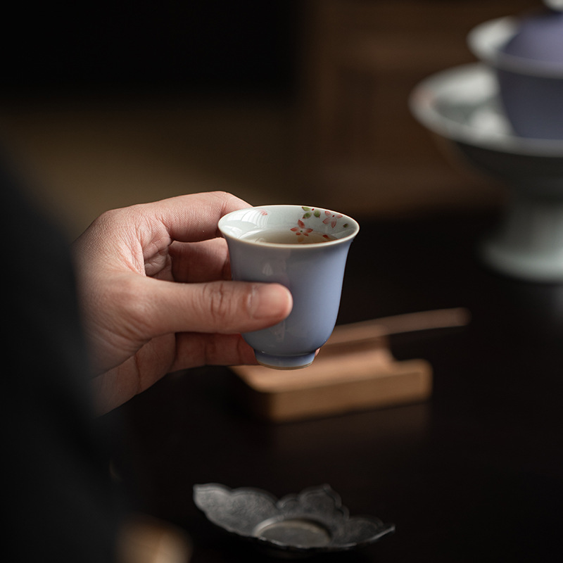 Purple Porcelain Tea Cup Set of 4 PCS, Flower and Bamboo Patterns