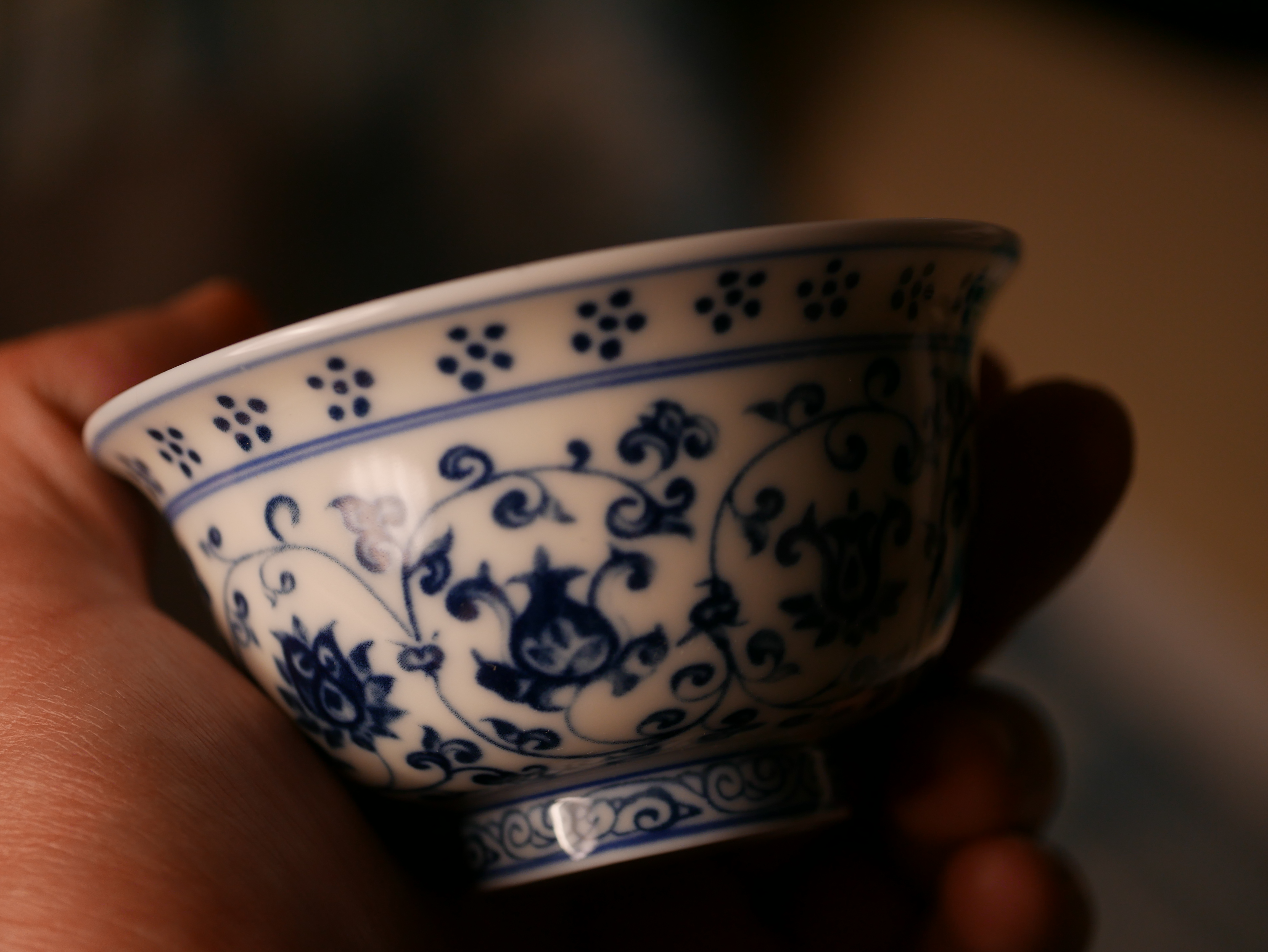 Porcelain Kungfu Tea Cup, Blue and White Retro of Ming Dynasty Yongle Style, Press-Hand Cup 100ml