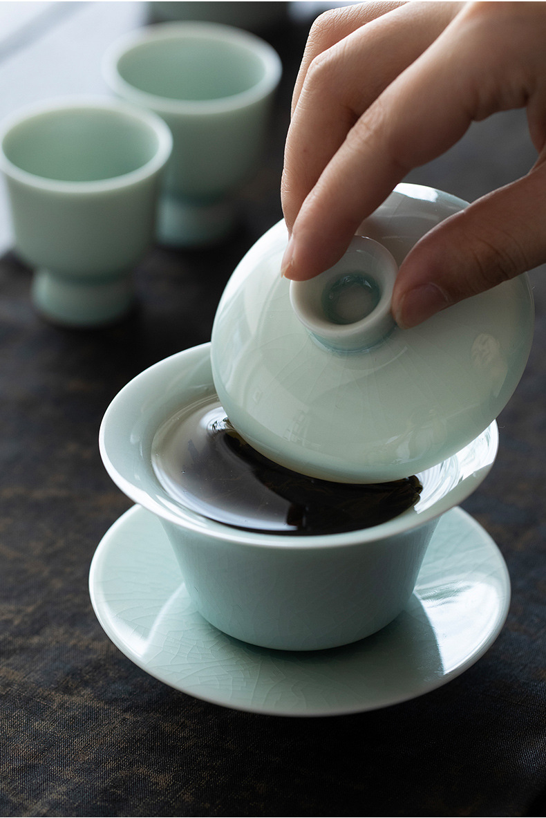 Porcelain Gaiwan Tea Set, Gaiwan+Saucer, Lake Cyan/Lime White Chinese Porcelain