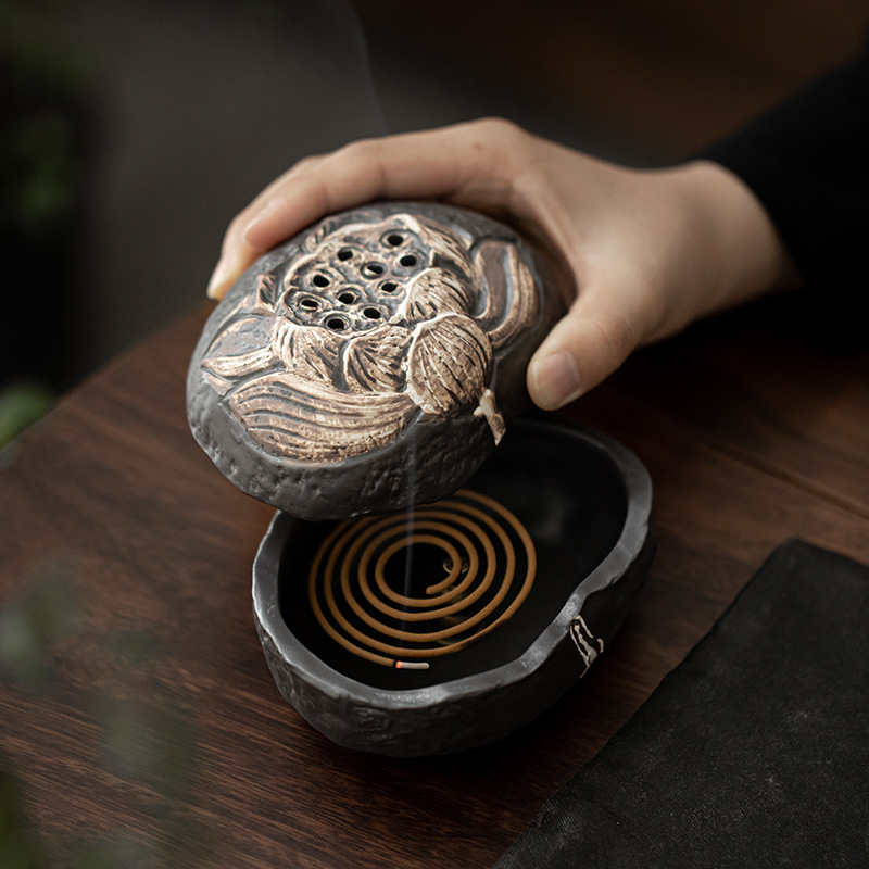 Japanese Style Stoneware Incense Burner, Vintage Look Wabi-Sabi Lotus Style