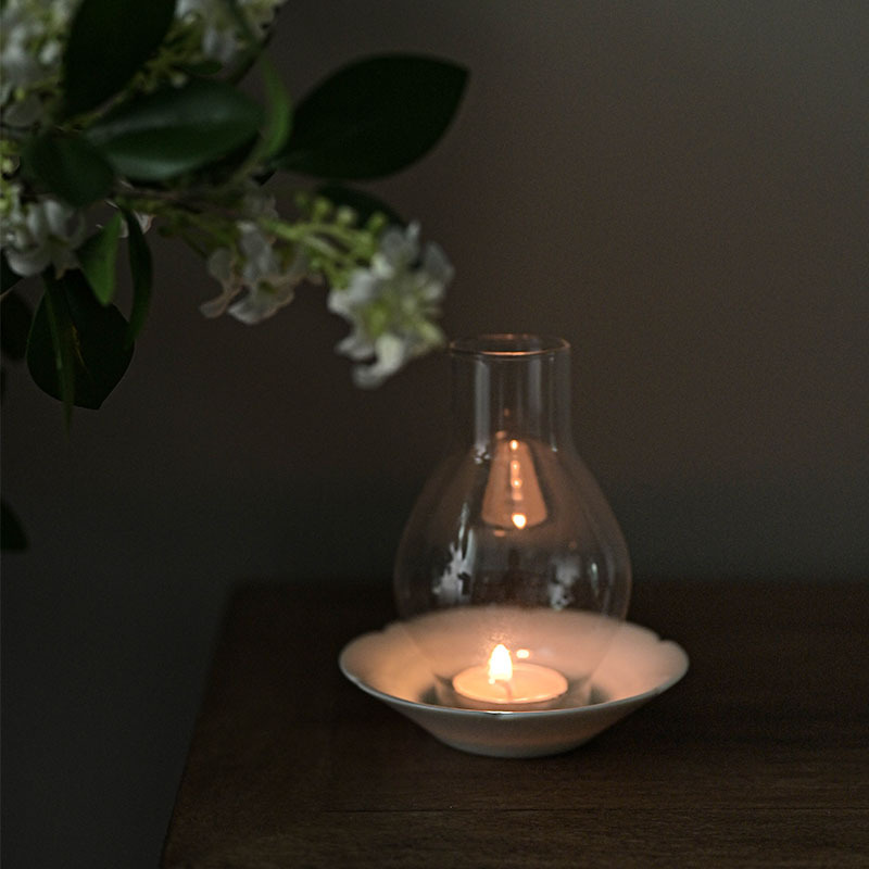 Japanese Style Tealight Candle Holder, Glass Shade+Ash White Porcelain Tray, Tea Room Decor