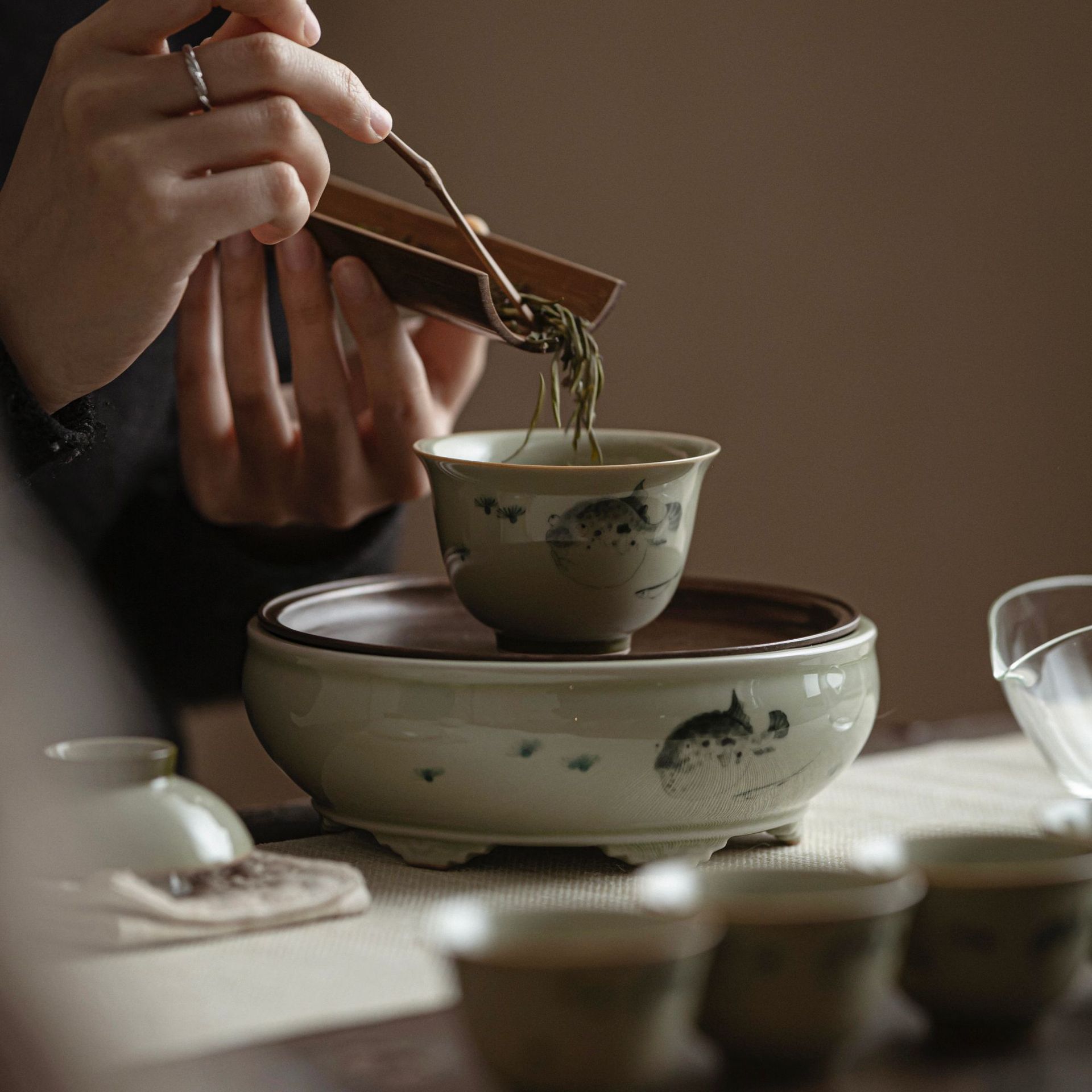 Ceramic Tea Tray Balloonfish Pattern, Kung Fu Tea Pot Holder Trivet