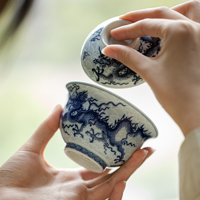 Chinese Dragon Gaiwan Set, Blue and White Porcelain