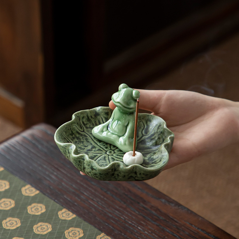 Ceramic Frog Incense Stick Holder, Zen Frog Toad In Meditation