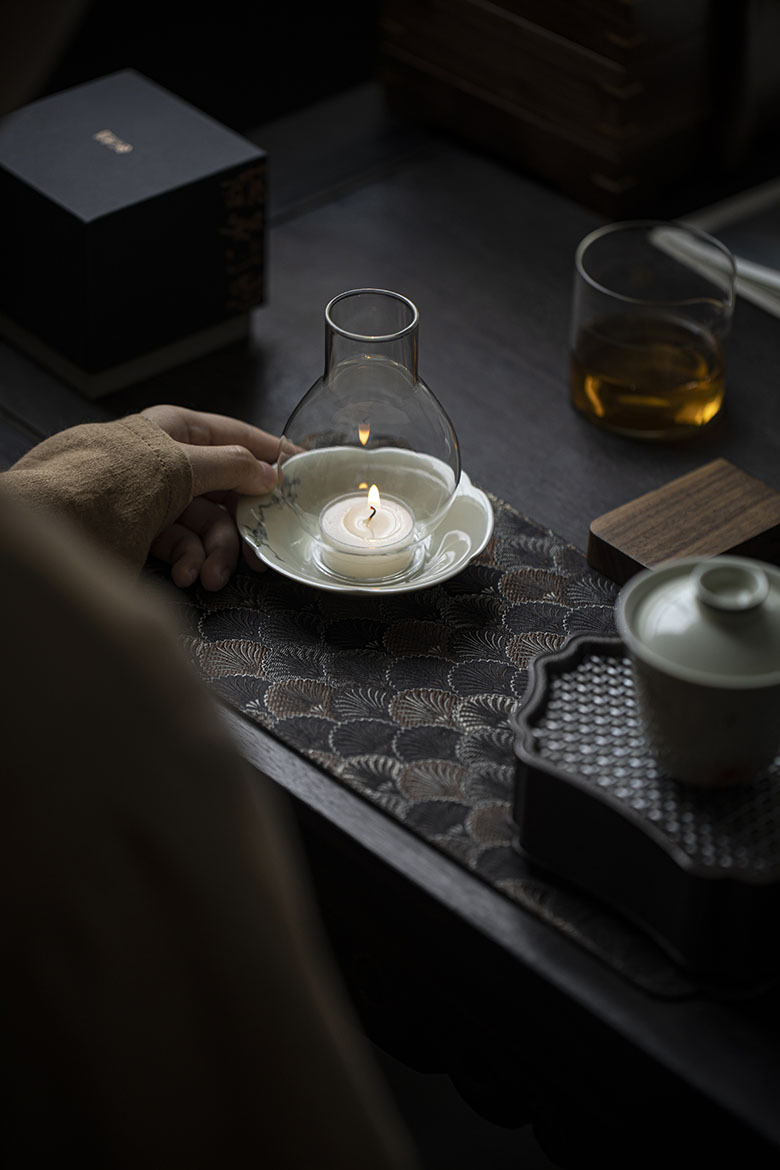 Japanese Style Tealight Candle Holder, Glass Shade+Porcelain Tray with Flower Pattern, Tea Room Decor