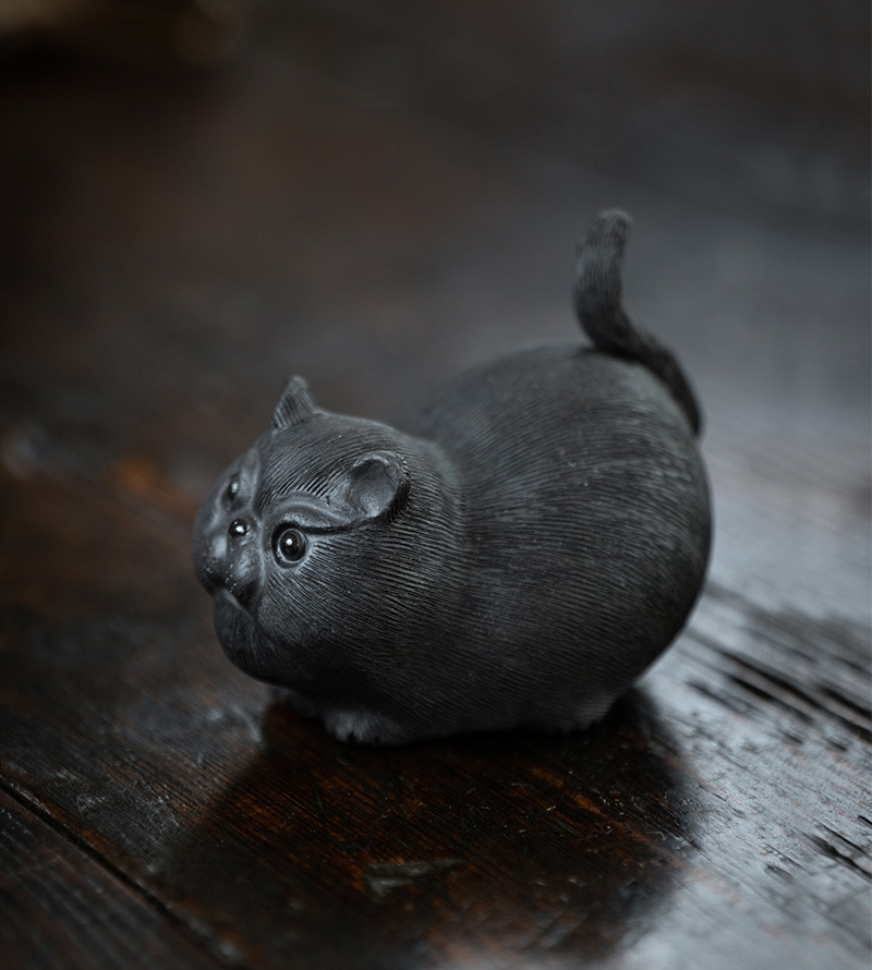 Cute Chubby Cat, Purple Clay Tea Pet, Black/Orange Kitty