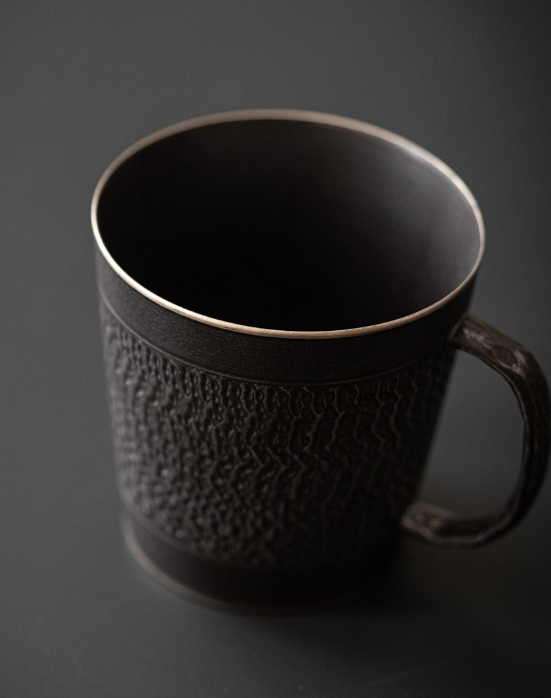 Black Iron Mug, Stoneware Coffee Mug with Saucer Set 350ml, Handmade Pottery Mug