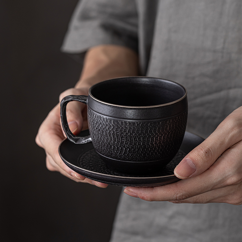 Black Iron Mug, Stoneware Coffee Mug with Saucer Set 250ml, Handmade Pottery Mug