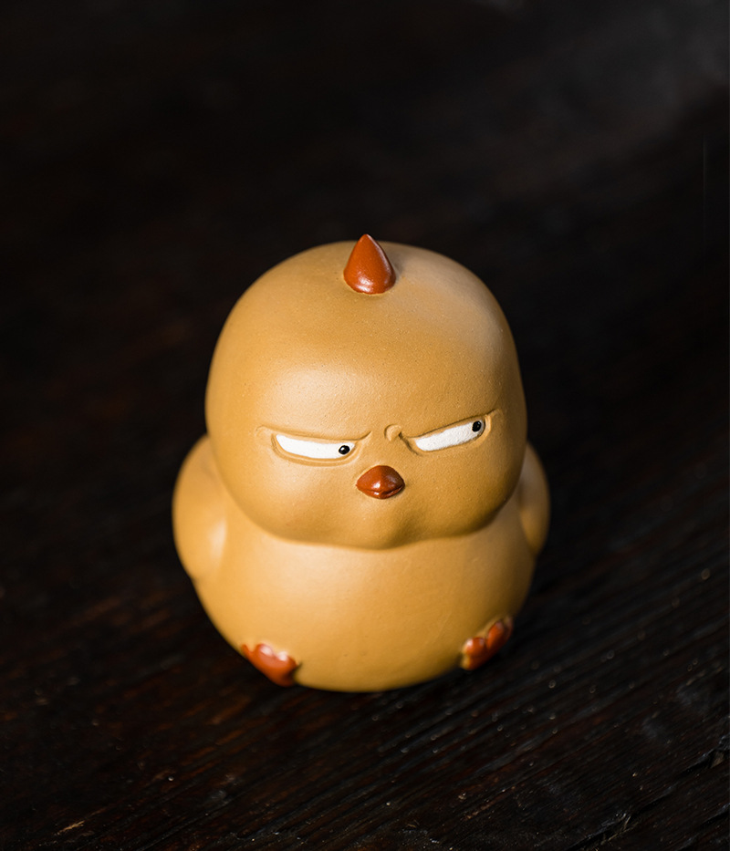  Badass Yellow Chicken Family Figurine, Chinese Tea Pet Made of Yixing Zisha Clay