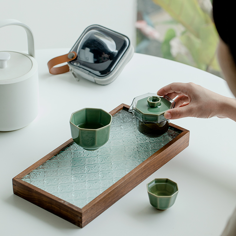 Marble Green Travel Tea Set, 1 Glass Teapot+2 Ceramic Cups