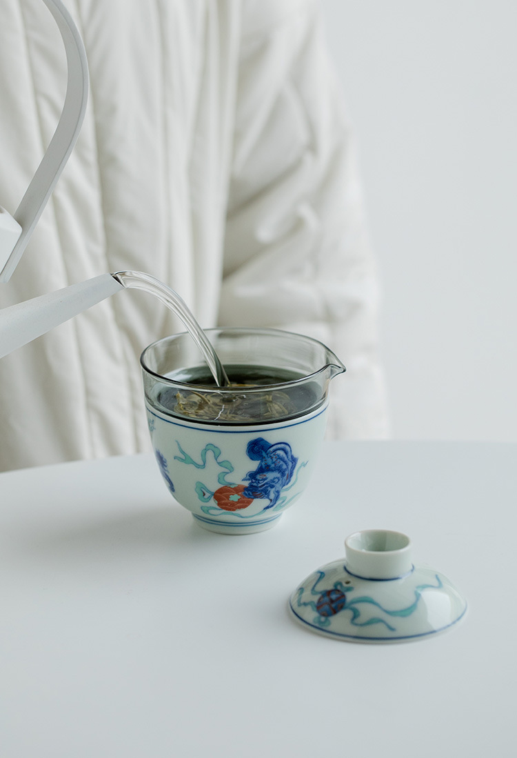 Lion/Dragon Pattern Travel Tea Set, 1 Glass Teapot+1 Ceramic Cup