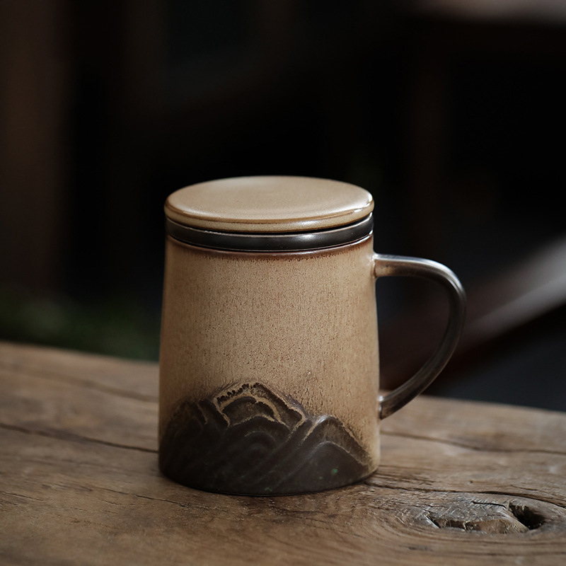 Ceramic Tea Mug with Infuser 260ml, Yellow Stoneware Mountain Pattern