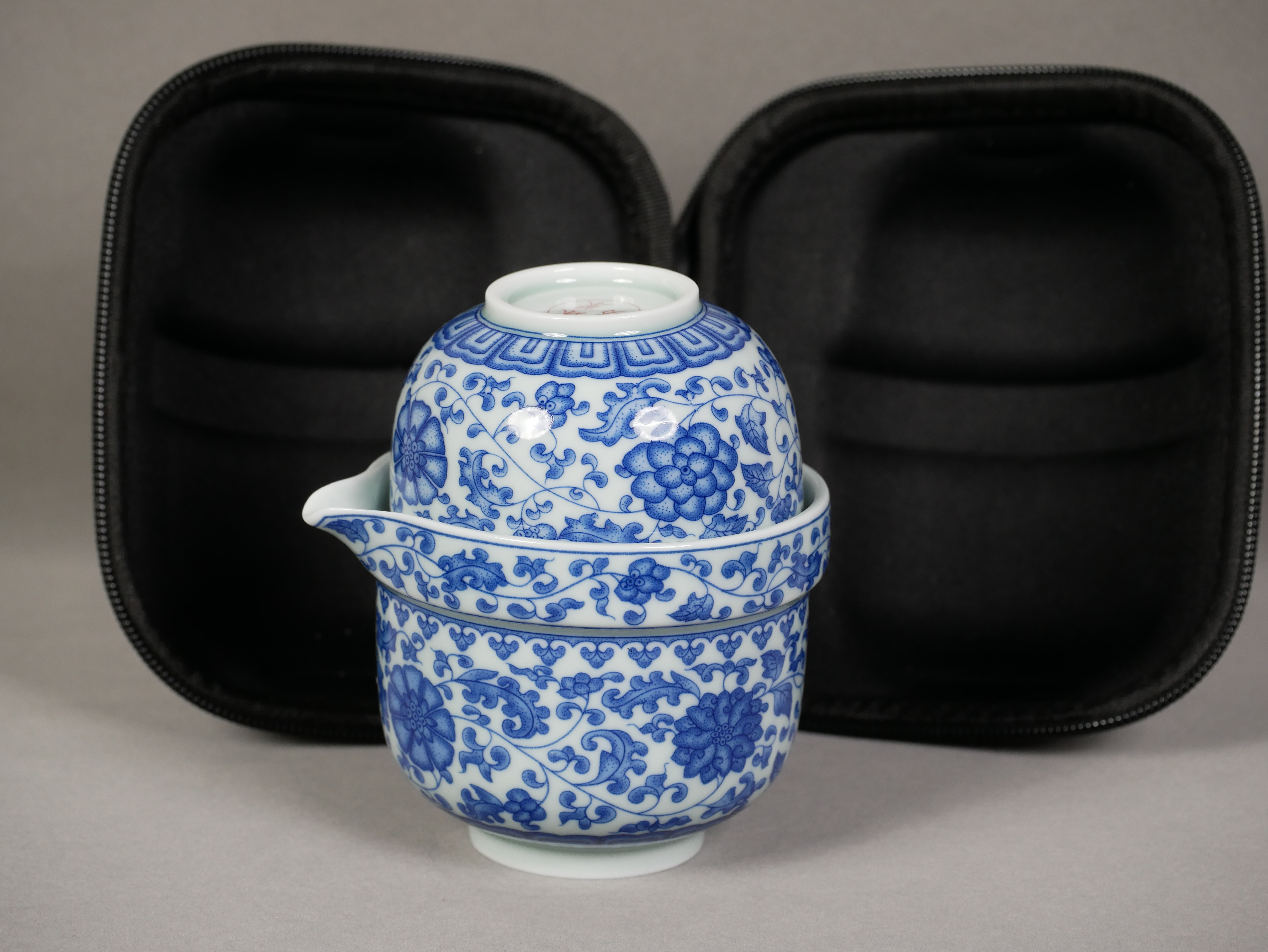 Blue-and-White Porcelain Travel Tea Set, 1 Teapot+3 Cups, Traditional Chinese Lotus Imagery 200ml