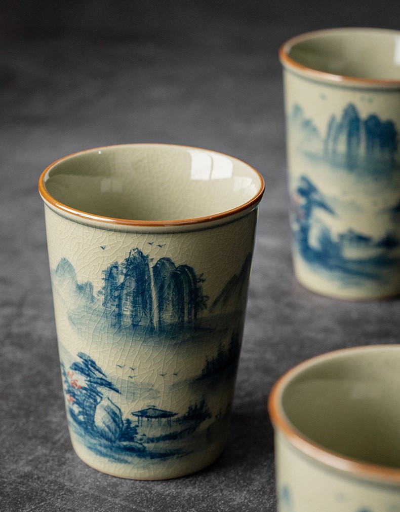 Tea Ceremony Tool Kit, Kung Fu Tea Accessories Set with Landscape Ceramic Container, Blue and White Jingdezhen Pottery