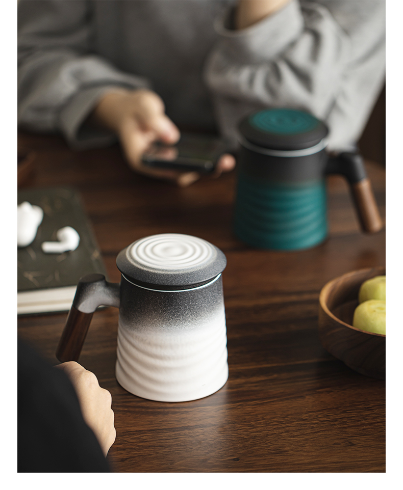 Japanese Style Tea Mug With Infuser 400ml, Bas-Relief Waves Pattern, 3 Colors Optional