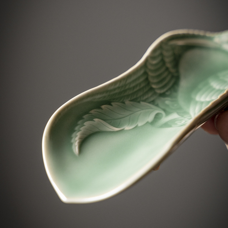 Bas-Relief Crane Tea Leaf Scoop, Chinese Porcelain Kung Fu Tea Accessory