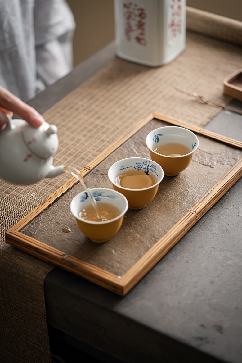 Yellow Tea Cup Set(3pcs) with Bamboo and Flower Deco