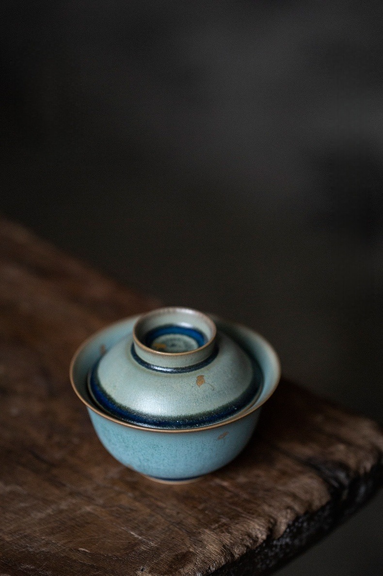 Vintage Style Stoneware Gaiwan, Handmade Fambe Blaze Tea Set 90ml