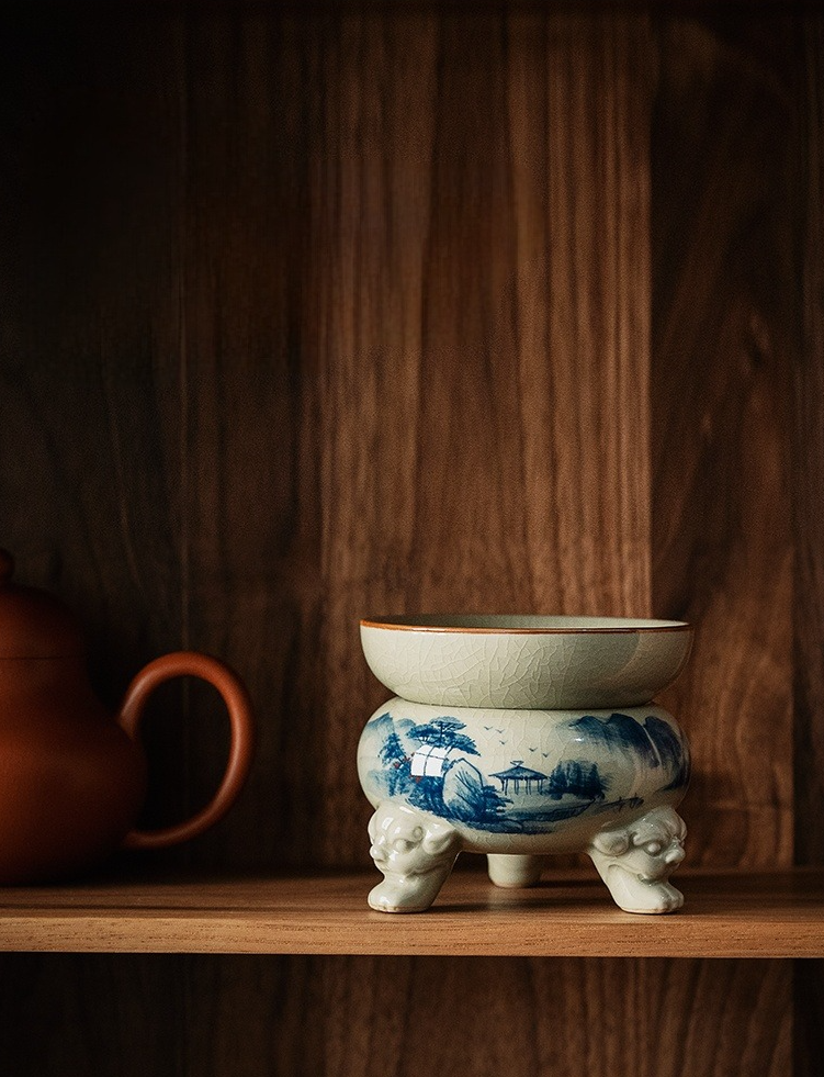 Landscape Strainer Set, Porcelain Stainer+Holder, Blue and White Jingdezhen Pottery