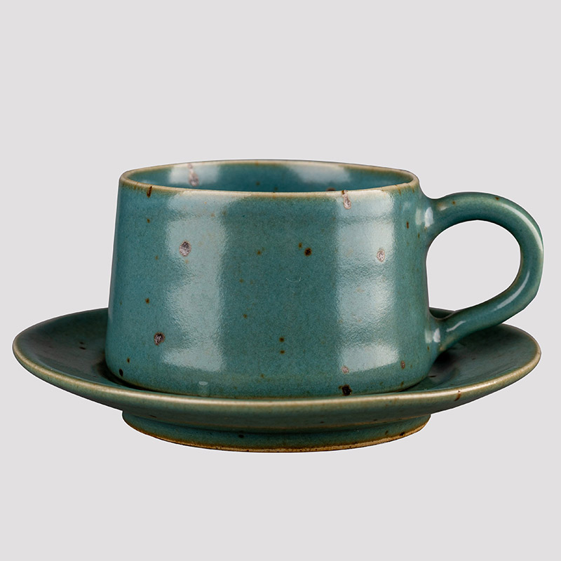 Green Stoneware Mug Set with Saucer, Japanese Vintage Style Expresso Cup 60ml