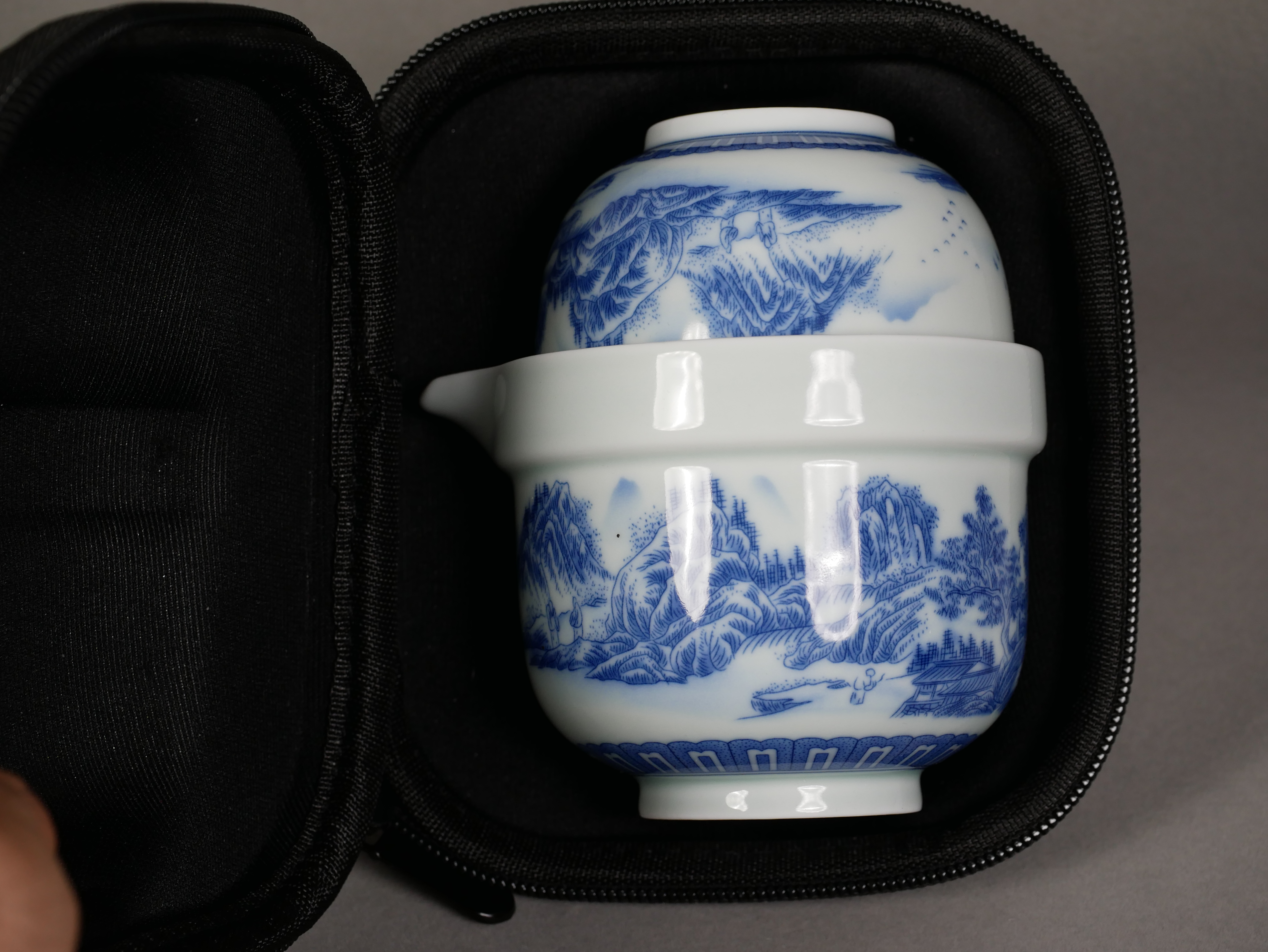 Blue-and-White Porcelain Travel Tea Set, 1 Teapot+3 Cups, Traditional Chinese Landscape Imagery 200ml