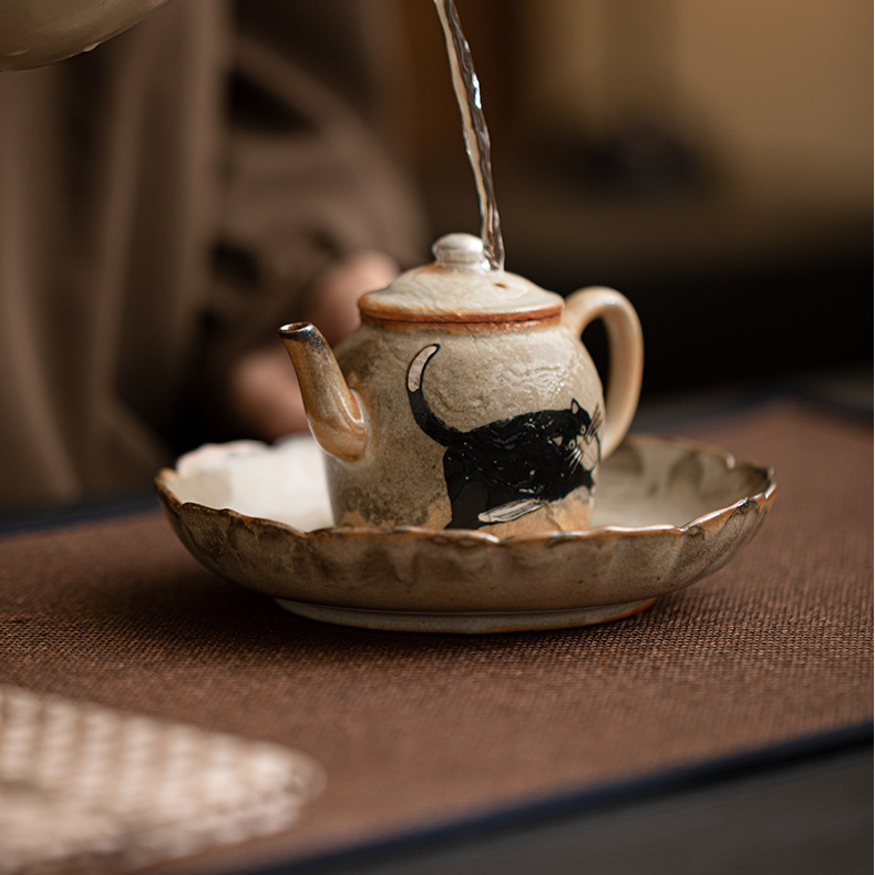 Japanese Shino Ware Style Black Cat Saucer For Teapots