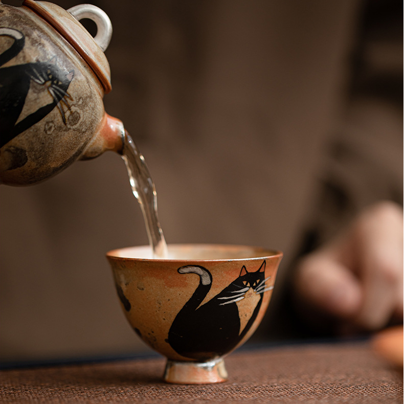 Japnese Shino Ware Style Black Cat Tea Cup 60ml