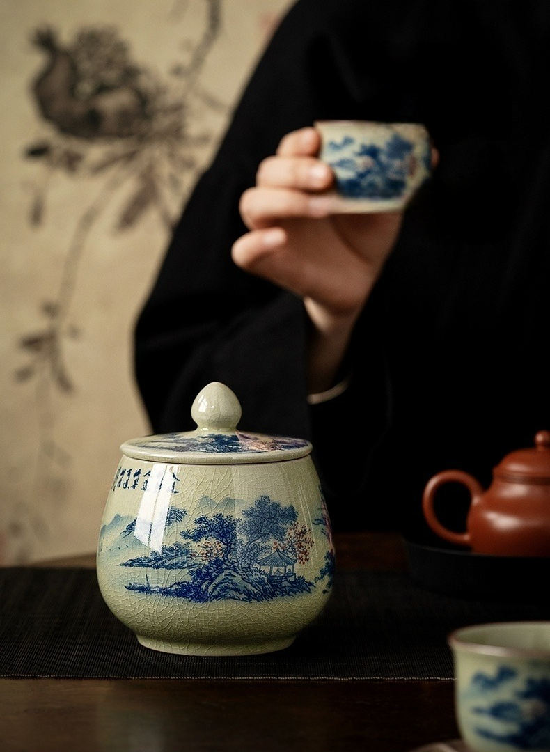 Tea Canister Landscape and Calligraphy 300ml, Blue and White Jingdezhen Pottery