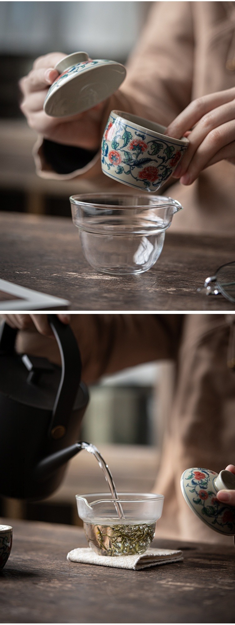 Flower Travel Tea Set, 1 Glass Teapot+2 Ceramic Cups