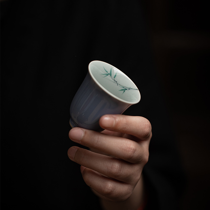 Purple Porcelain Tea Cup Set of 4 PCS, Flower and Bamboo Patterns