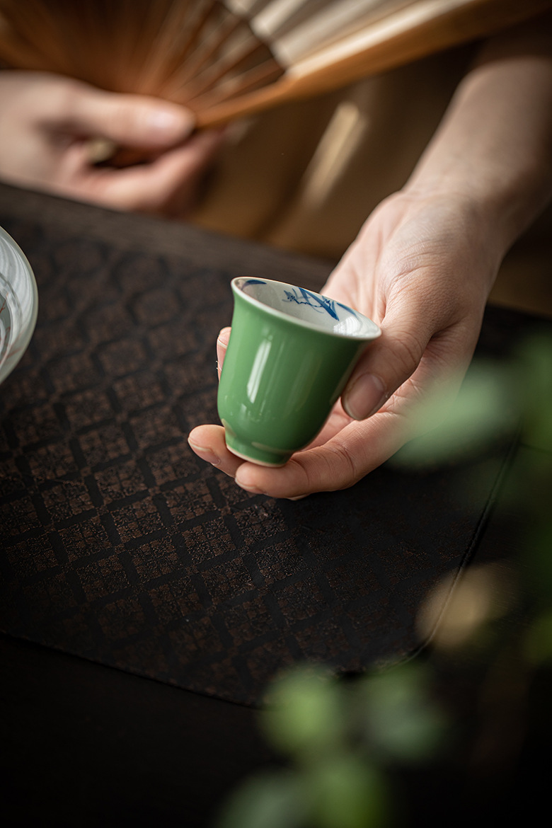 Pine Green Tea Cups Set*4 PCS with Flower Deco
