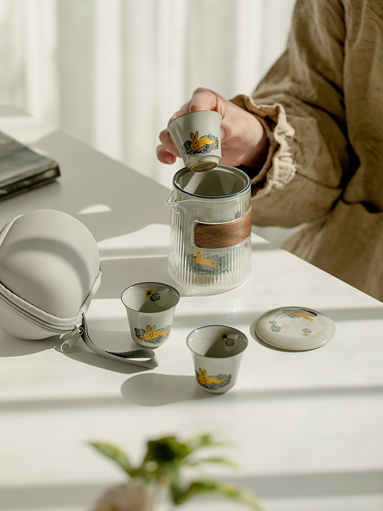 Golden Rabbit Travel Tea Set with Case, 1 Teapot+3 Cups 300ml