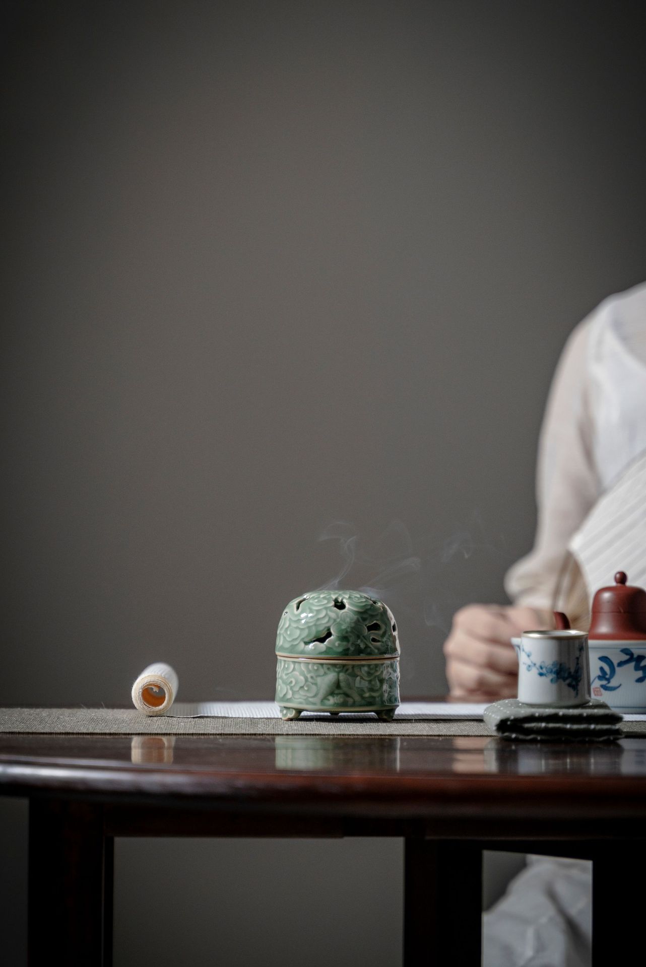 Bas-Relief Celadon Incense Burner Traditional Chinese Style