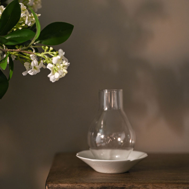 Japanese Style Tealight Candle Holder, Glass Shade+Ash White Porcelain Tray, Tea Room Decor