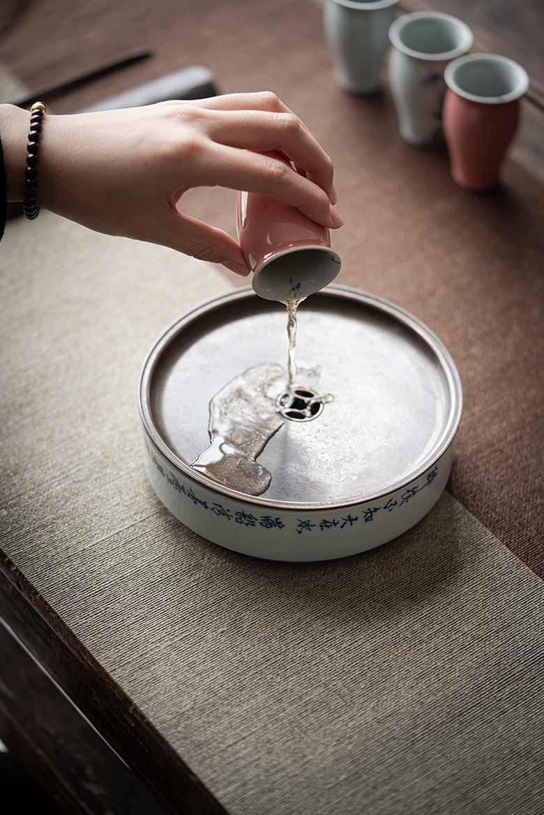 Ceramic Tea Tray with Chinese Poem Calligraphy, Kung Fu Tea Pot Holder Trivet