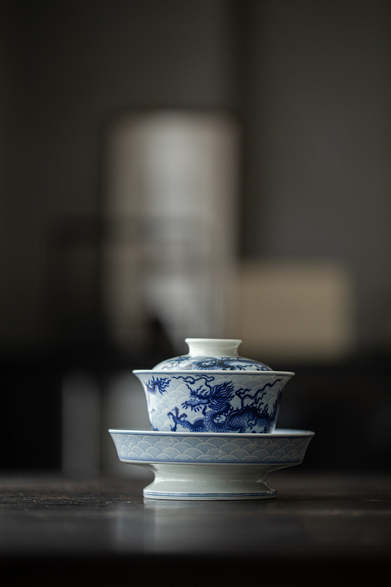 Chinese Dragon Gaiwan Set, Blue and White Porcelain
