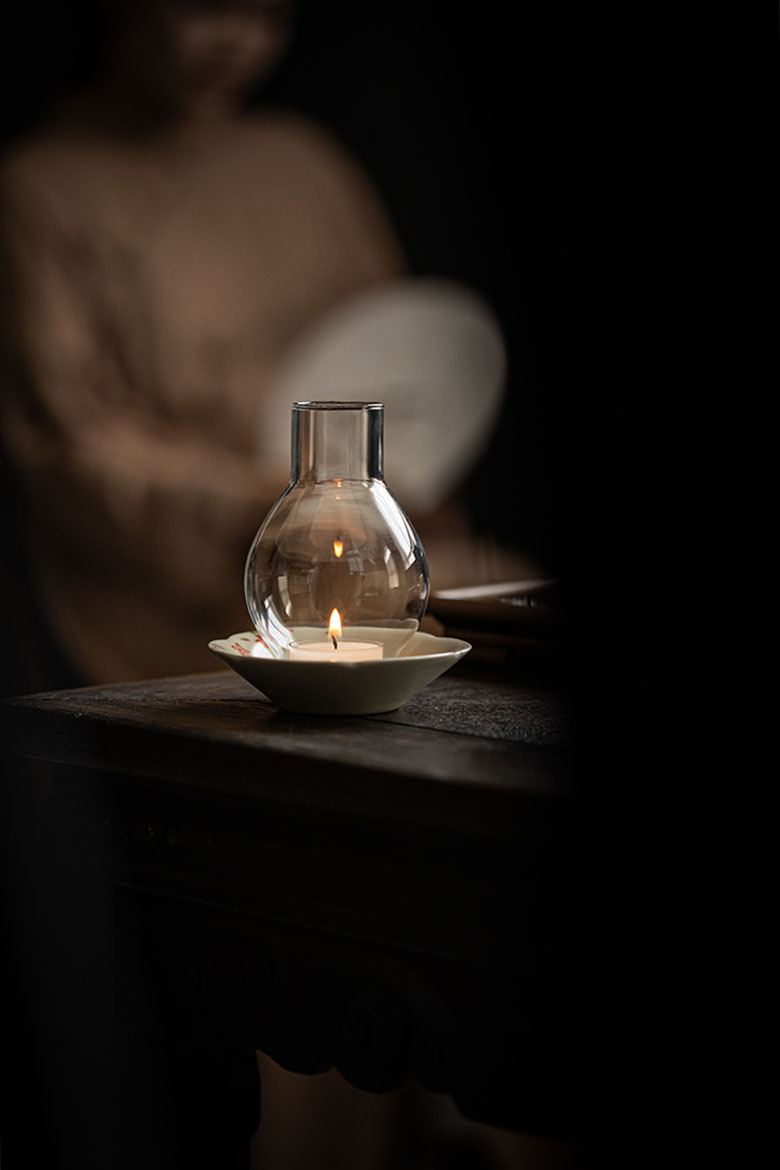 Japanese Style Tealight Candle Holder, Glass Shade+Porcelain Tray with Flower Pattern, Tea Room Decor