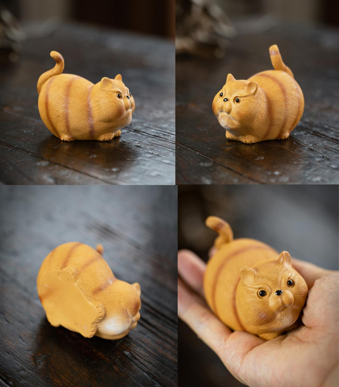 Cute Chubby Cat, Purple Clay Tea Pet, Black/Orange Kitty