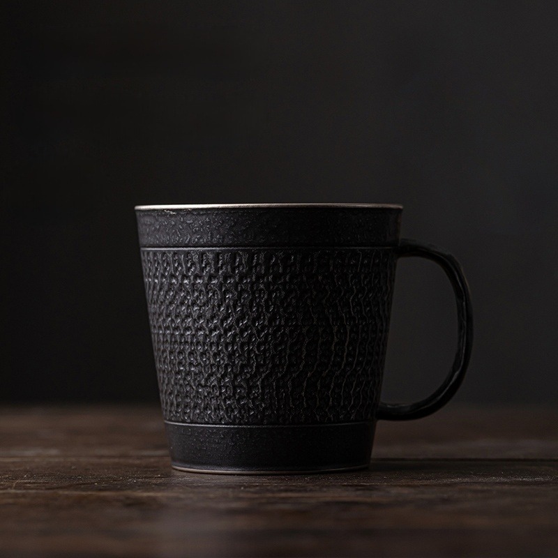 Black Iron Mug, Stoneware Coffee Mug with Saucer Set 350ml, Handmade Pottery Mug