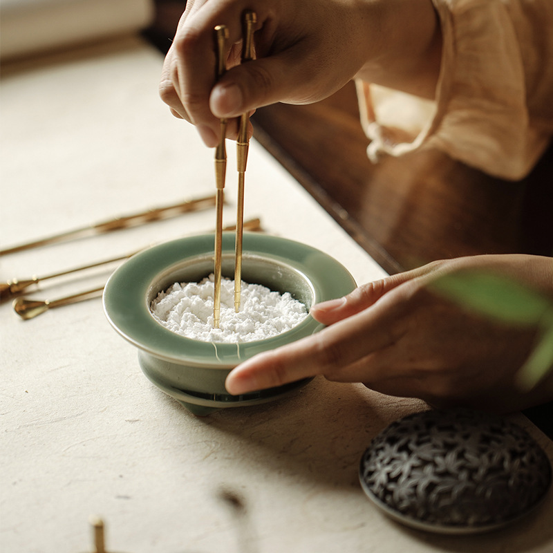 Vintage Style Brass Incense Tool Set with Celadon Ceramic Container, Incense Making Tool Kit