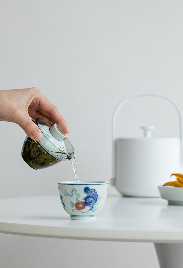 Lion/Dragon Pattern Travel Tea Set, 1 Glass Teapot+1 Ceramic Cup