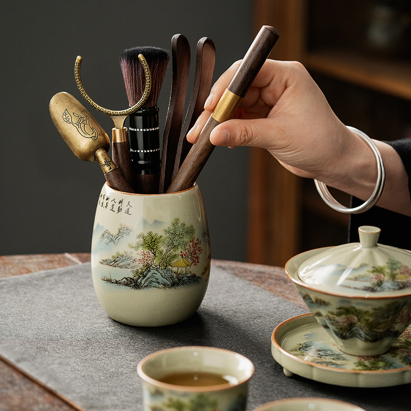 Tea Ceremony Tool Kit, Kung Fu Tea Accessories Set with Landscape Ceramic Container