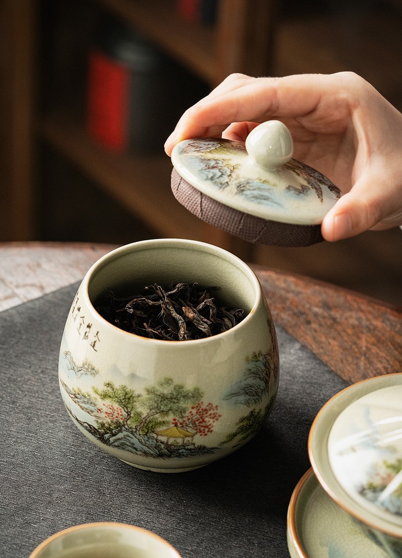 Tea Canister Landscape and Calligraphy 300ml, Blue and White Jingdezhen Pottery