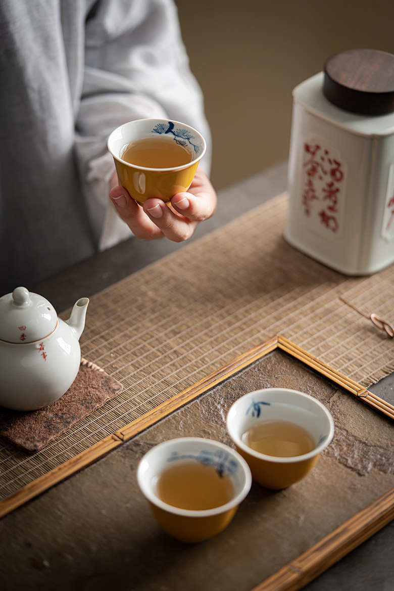 Yellow Tea Cup Set(3pcs) with Bamboo and Flower Deco