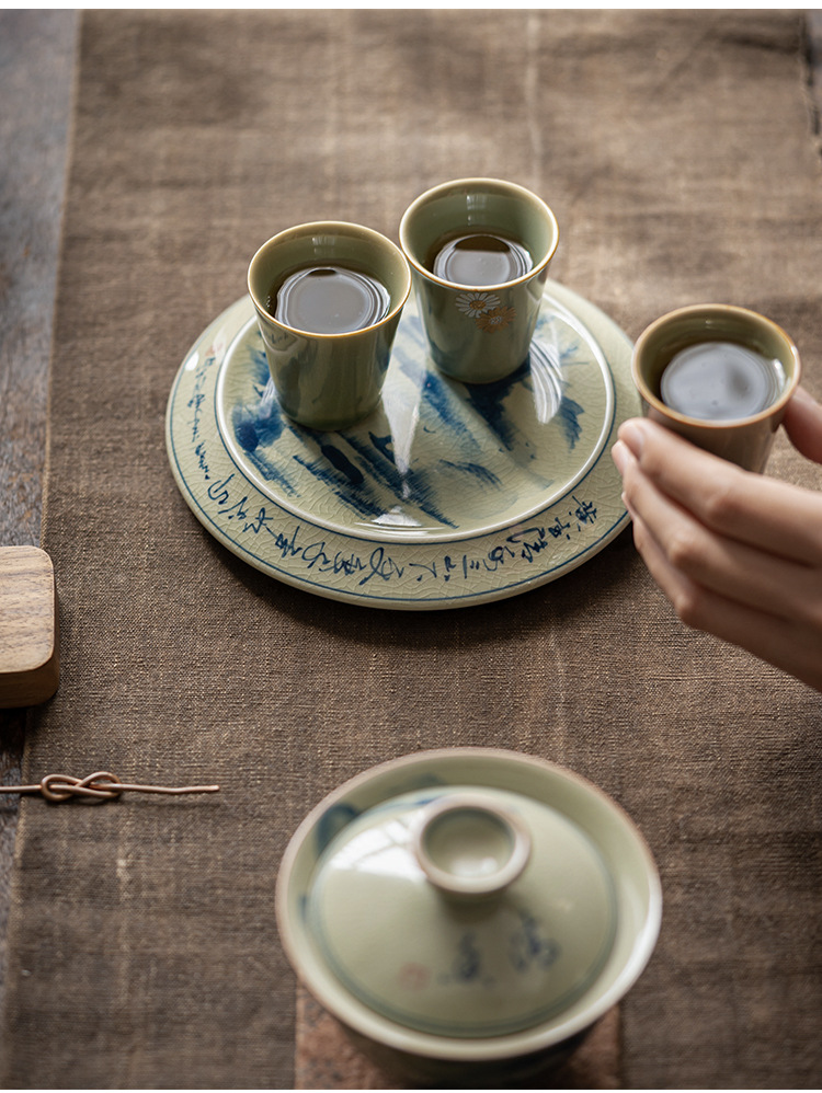 Porcelain Gaiwan Tea Set with Landscape and Calligraphy Pattern, Blue and White Porcelain Jingdezhen Pottery
